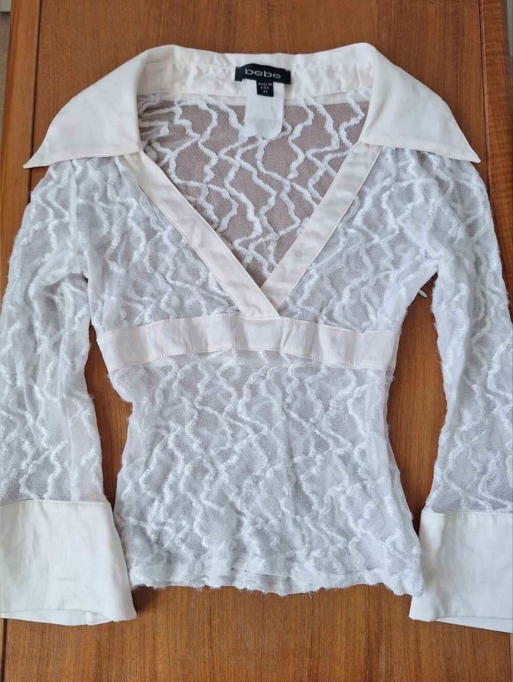 bebe Y2K Mesh Lace Silk Top 3/4 Flare Sleeve Sheer Steampunk Retro Pinup Goth XS